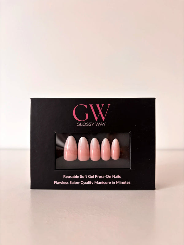 Rosewater Mist Press-On Nails made by Glossy Way inside the original package.