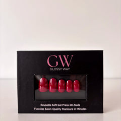 Rouge Affair red Press-On Nails made by Glossy Way inside the original package.
