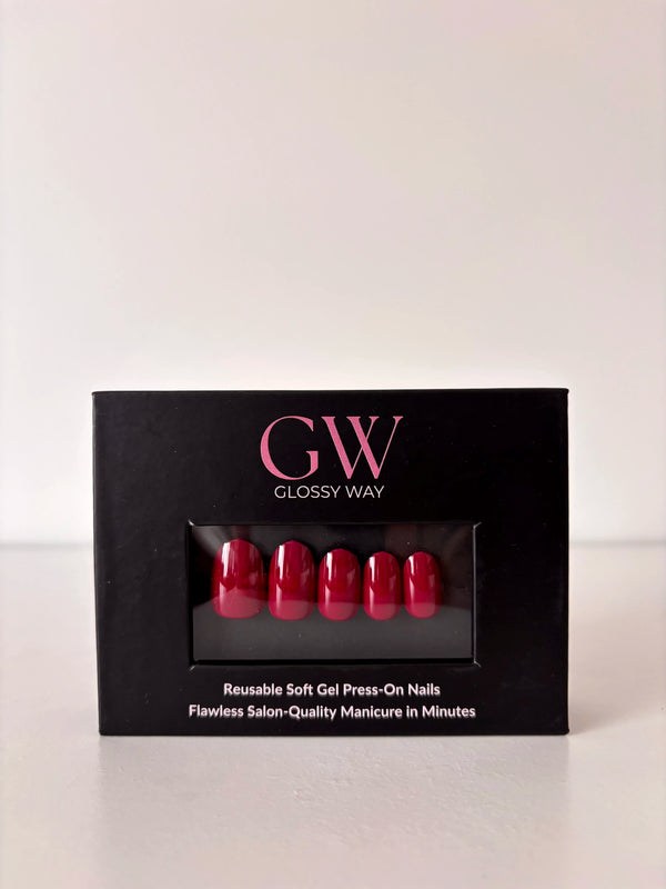 Rouge Affair red Press-On Nails made by Glossy Way inside the original package.
