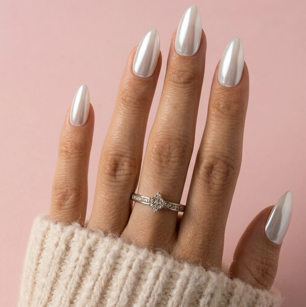 A close-up of a hand with long, glossy white manicured nails wearing a silver diamond ring, set against a solid soft pink background.