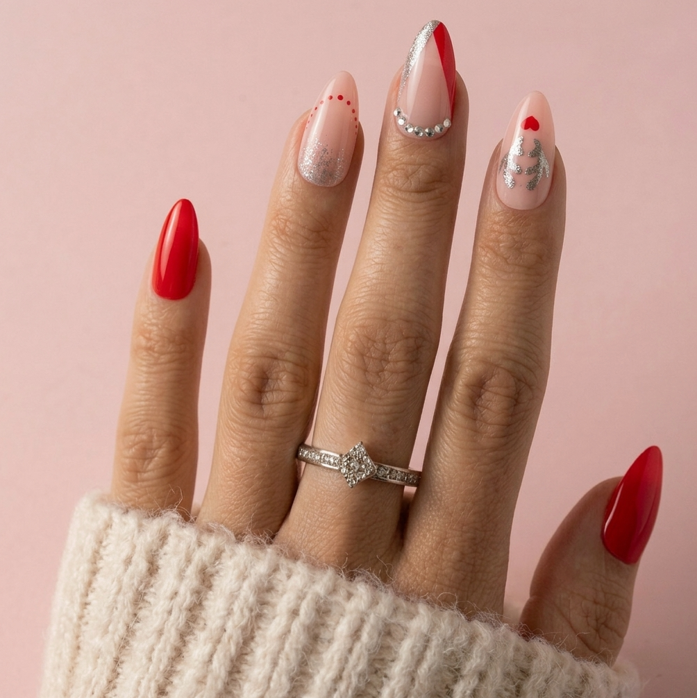 A close-up of a hand with manicured nails in a pink and red color scheme, wearing a silver ring, set against a solid light pink background.