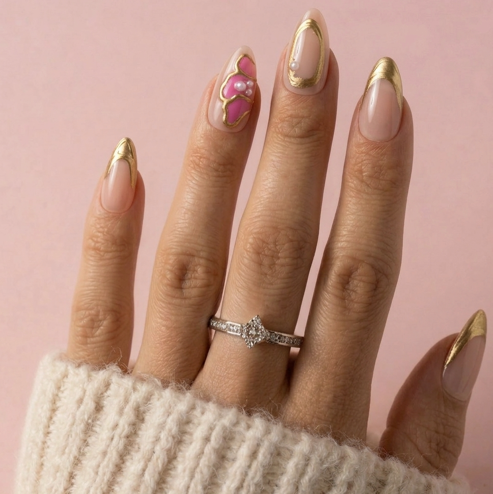 A close-up of a hand with long almond-shaped nails styled in a pink and nude manicure with gold tips and a pink pearl accent. A silver ring with a clear center stone is worn on the ring finger against a soft pink background.