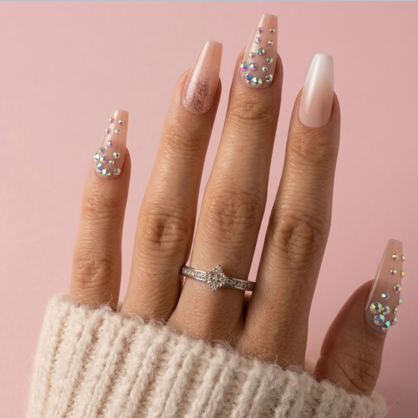 A close-up of a hand with long, almond-shaped nails styled in a glossy nude pink color with rhinestone accents on two nails and a glittery nude finish on one nail. A silver ring with a clear center stone is worn on the ring finger, and the hand is resting on a cream-colored knit sleeve against a solid pink background.