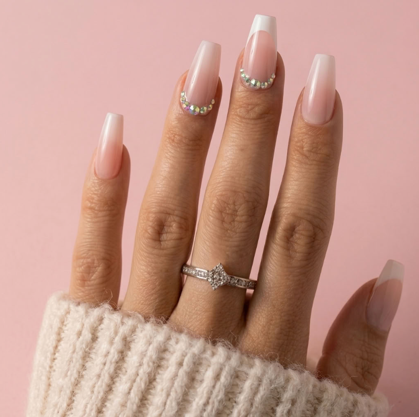 A close-up of a hand with long, square-shaped nails styled in a soft pink gradient with white tips and small rhinestone accents. The hand is wearing a silver ring with a clear central stone, and a cream-colored knit sleeve is visible at the wrist, set against a solid pink background.
