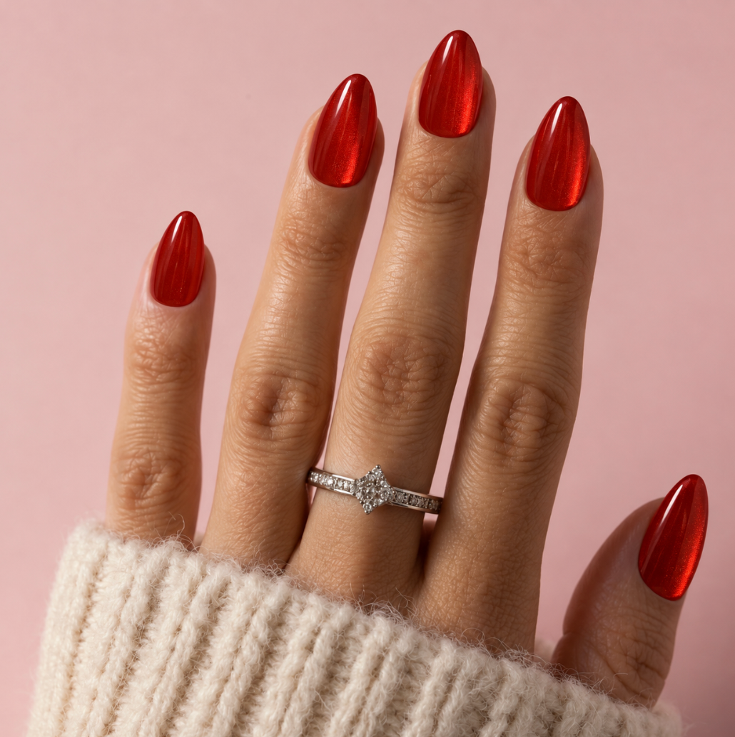 A close-up of a hand with long, glossy red manicured nails wearing a silver diamond ring with a star-shaped diamond cluster, set against a solid pink background.