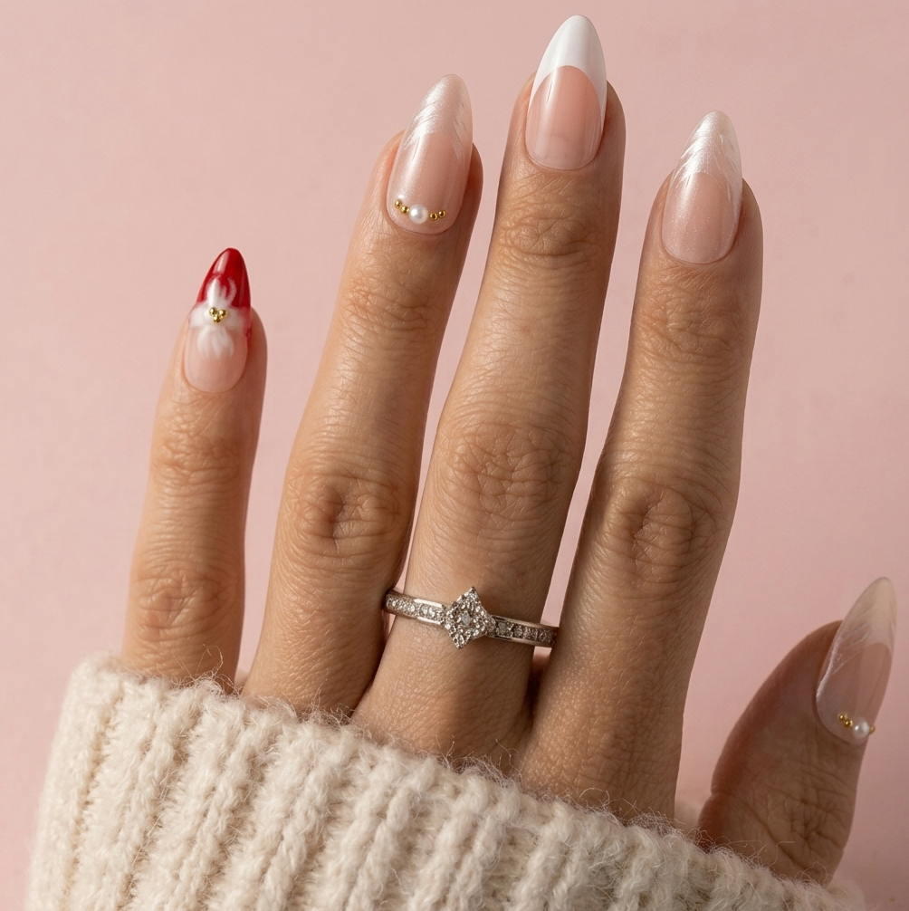 A close-up of a hand with long almond-shaped nails, featuring a French tip design, a red accent nail with a white flower, and a silver diamond ring on the middle finger, set against a soft pink background.