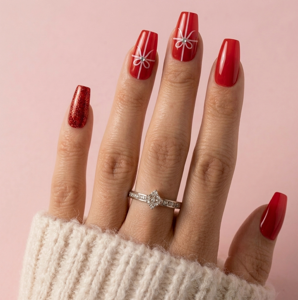 A close-up of a hand with long red manicured nails, decorated with white bow nail art and a glittery red accent nail, wearing a silver diamond ring against a soft pink background.
